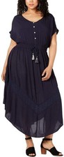 Style & Co. Womens Plus Eyelet Tie Waist Maxi Dress Navy Size 2X