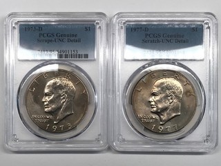 1973 D & 1977 D Clad Ike Eisenhower Dollar PCGS UNC Detail (scrape/scratch)
