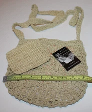 Tan Hand Knit All Cotton Hand Bag Small Pocketbook 8 x 8 Inch & Coin Purse NIB