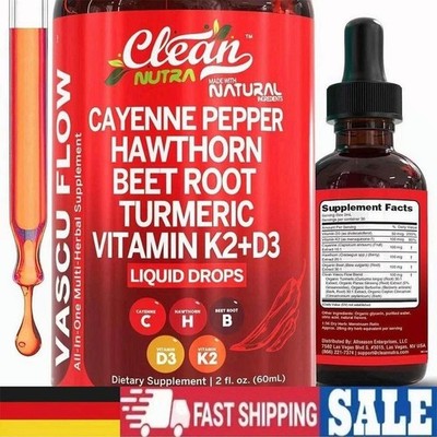 1/2er Pack Vascu Flow Cayennepfeffer-Tropfen, Weißdorn, Rote Bete Kurkuma, K2+D3