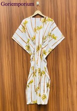 Indian White Palm Tree Handmade Cotton Kaftan Maxi Dress Womens Clothing Gown US