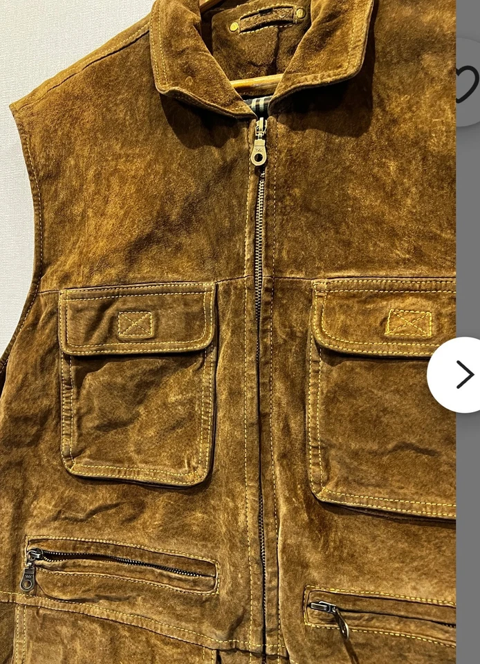 Chaleco de caza de cuero gamuza con cremallera vintage para hombre cuero marrón caballero... Foto 2 de 4