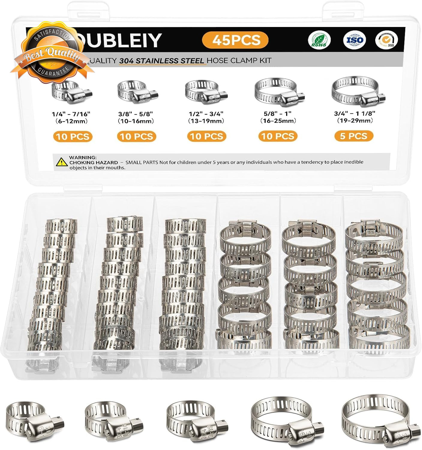 45Pcs Stainless Steel Hose Clamp Kit Worm Gear Adjustable 6-29mm