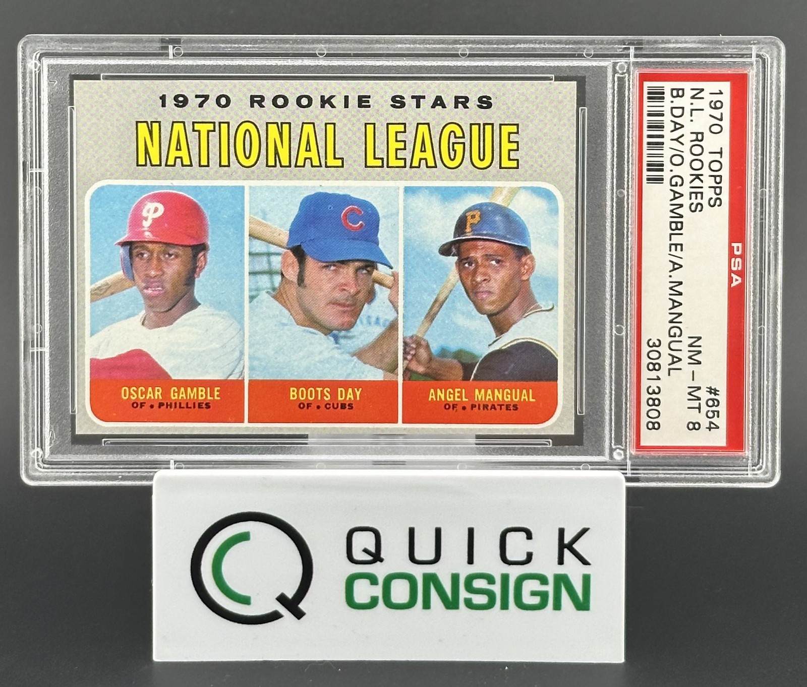 N.L. 1970 Rookie Stars: Oscar Gamble / Boots Day / Angel Mangual #654 Baseball Cards 1970 Topps trading card — raw and PSA graded price guide
