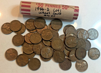 1946-D Lincoln Wheat Cent Roll, G-F+, Qty 50 Coins, Lot 1
