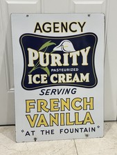 Vintage PURITY ICE CREAM Porcelain Sign Serving French Vanilla Agency Rare 20x28