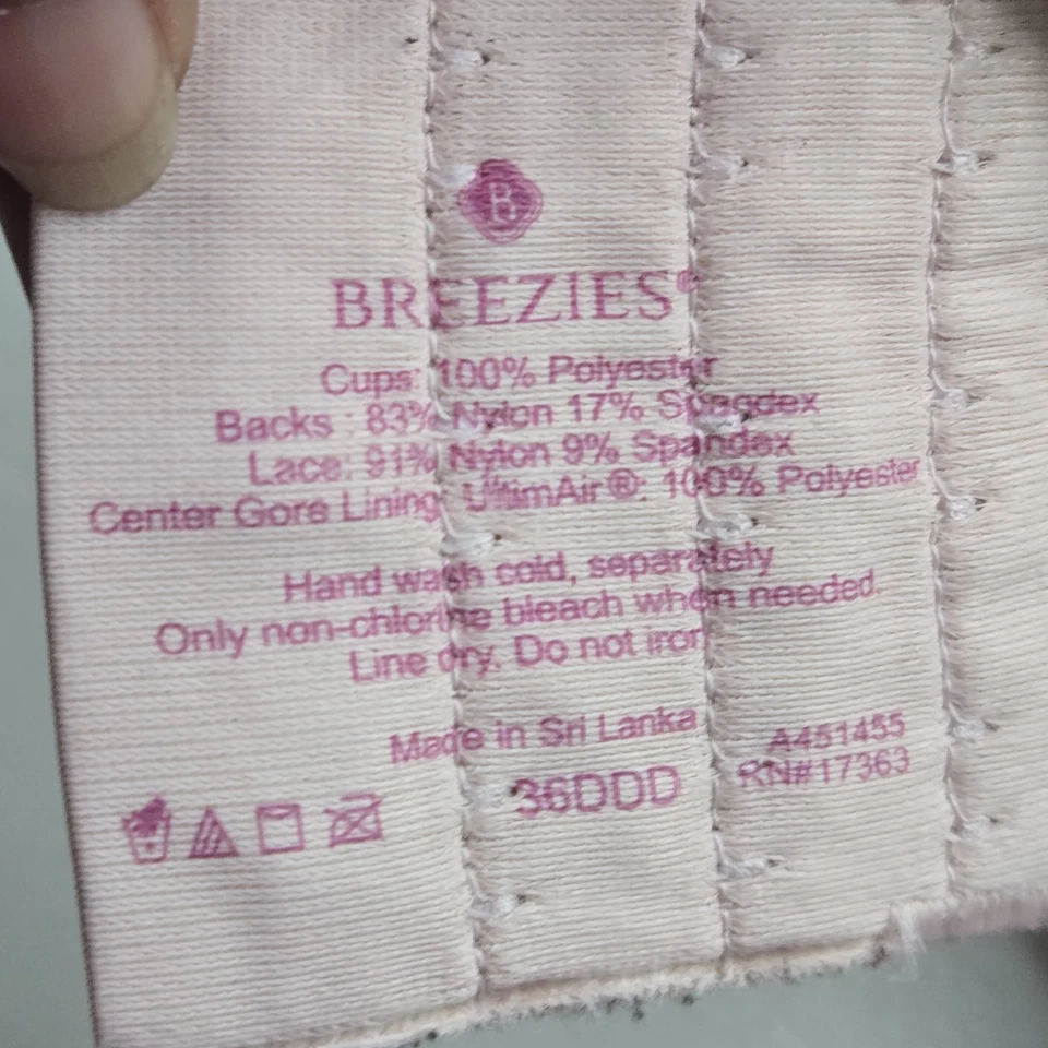 Sujetador Breezies para mujer 36DDD rubor rosa camiseta con aros correa de encaje Foto 3 de 4