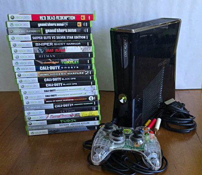 Microsoft Xbox 360 S Console Bundle w/ Wired Controller, AV Cables & Games Lot