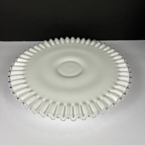 VTG Fenton Silver Crest Milk Glass Low Pedestal Ruffled Cake Stand Plate 12.5”