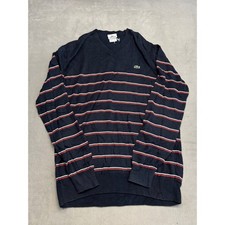 Lacoste Men's Navy Blue Striped V Neck Long Sleeve Sweater Size 5