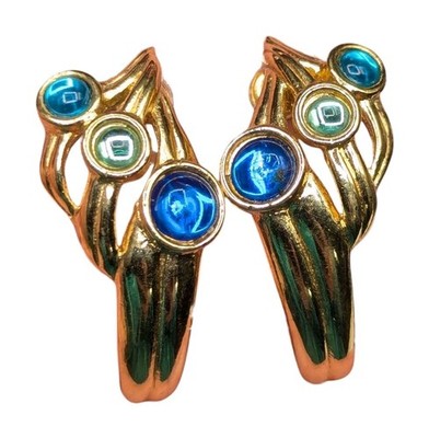 Vintage Trifari Blue Green Cab Gold Tone Sea Shell Seashell Half Hoop Earrings
