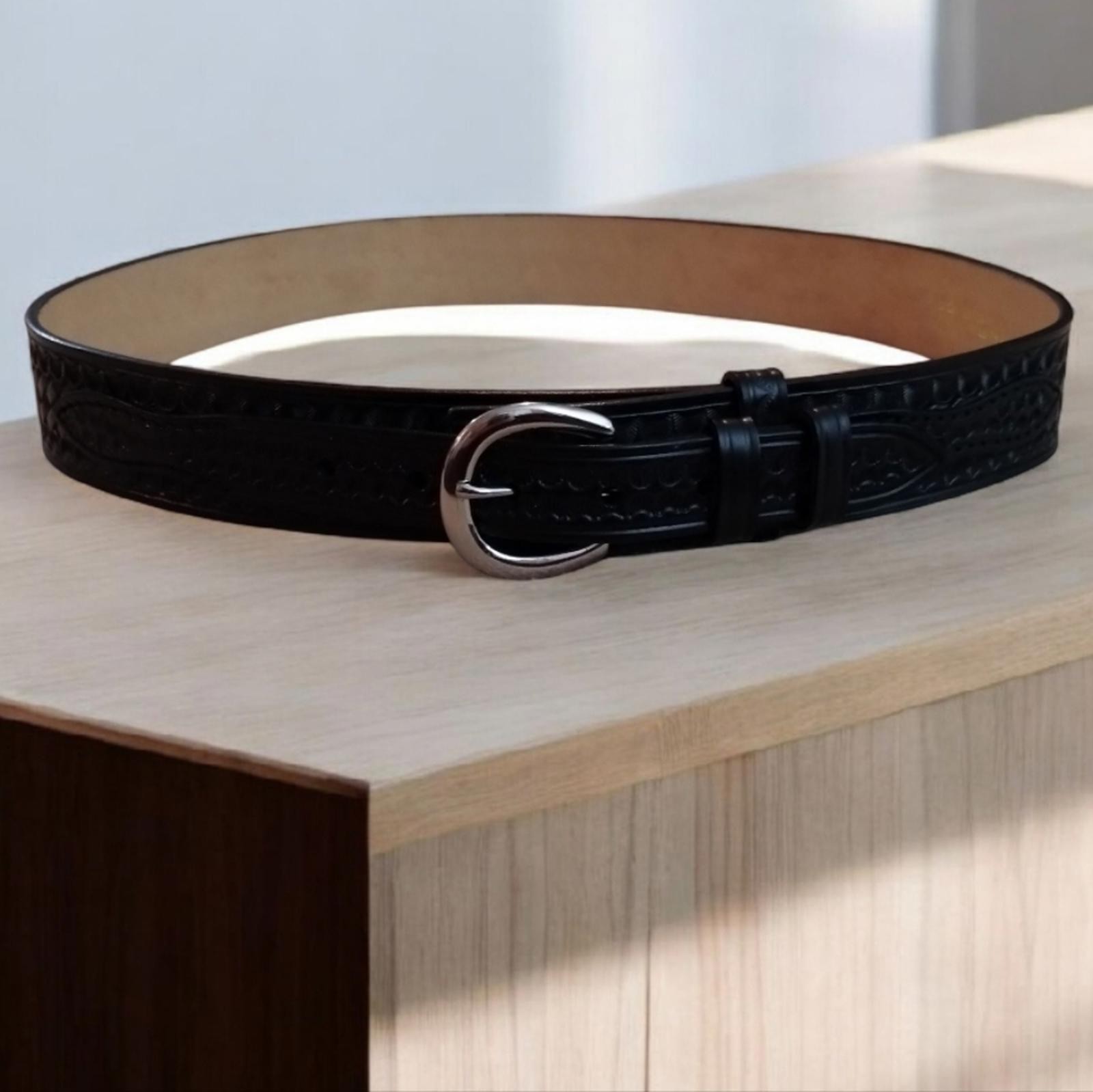 Men's Dutyman Basketweave Style Black Leather Belt with Silver Buckle Size 40