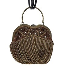 Vintage Baguette Formal Beaded Fringe Framed Kiss Closure Top Handle Bronze