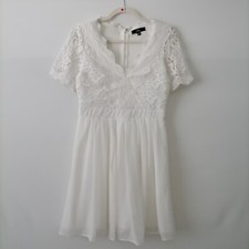 Lulus Womens White V-Neck Disguise Crochet Lace Skater Fit & Flare Dress Size S