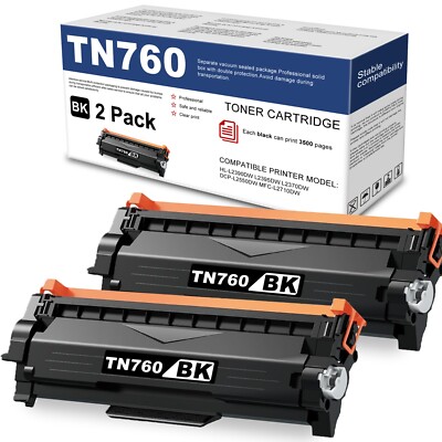 2x TN760 TN 760 Black Toner Cartridge Replacement for Brother HL-L2370DW L2390DW