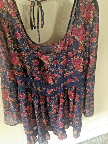 New BAND OF GYPSIES S Chiffon PEASANT DRESS Blue Red Mini RUFFLE Romantic - Picture 2 of 14