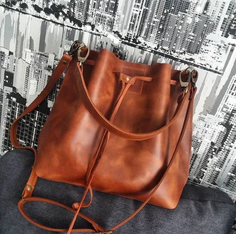 Handmade Ukraine Big Leather Bucket Bag Medium Whiskey Drawstring Bag Brown