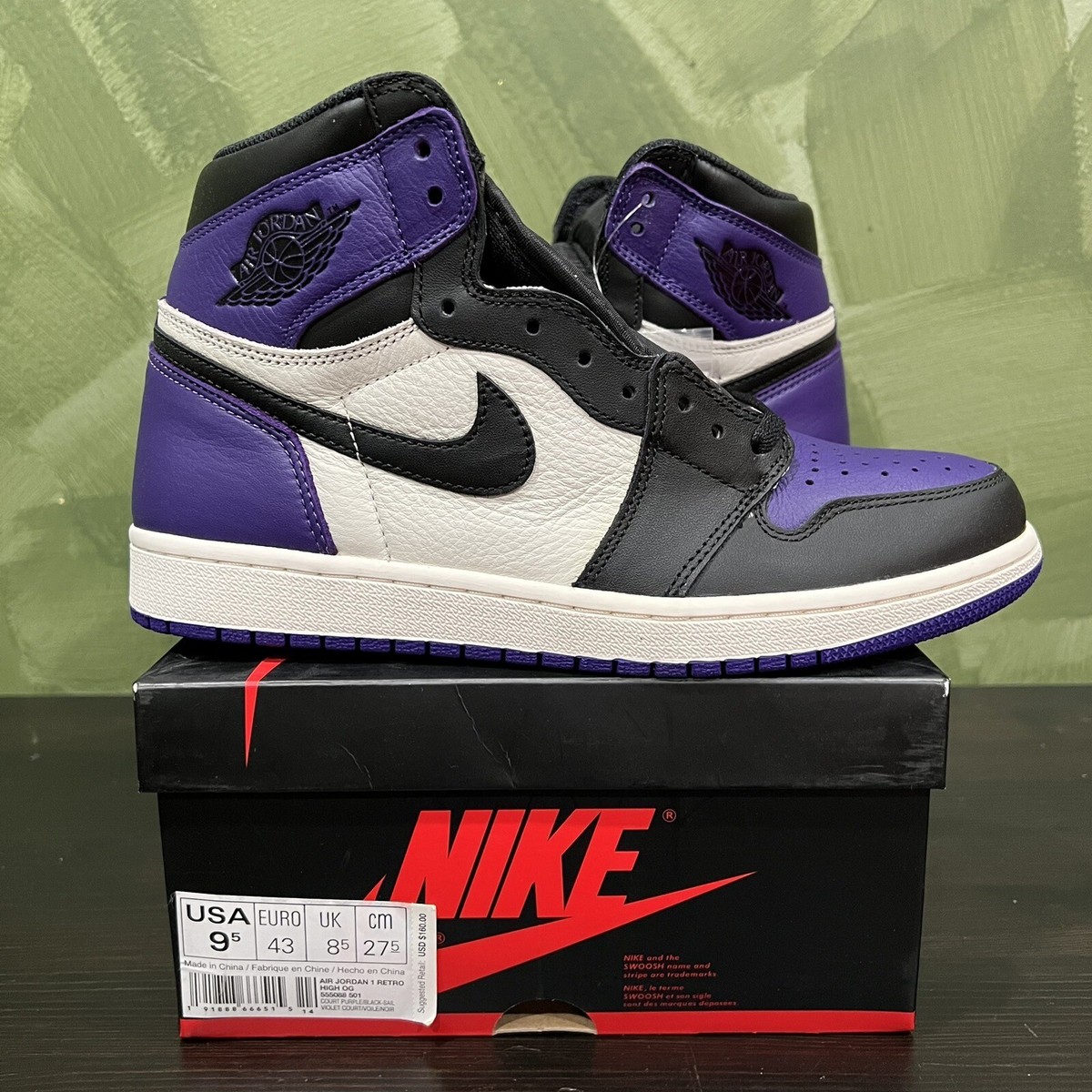 Jordan 1 Court Purple 2018- 555088501 - Size 9.5 - DS/Brand New