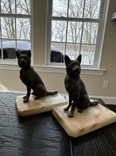 Pair 5  Cast Metal German Shepherd Dog Figurines on Onyx Base Bookeneds