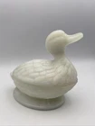 Antique Vallerysthal Opalescent Milk Glass Duck On Nest Butter Pot Dish