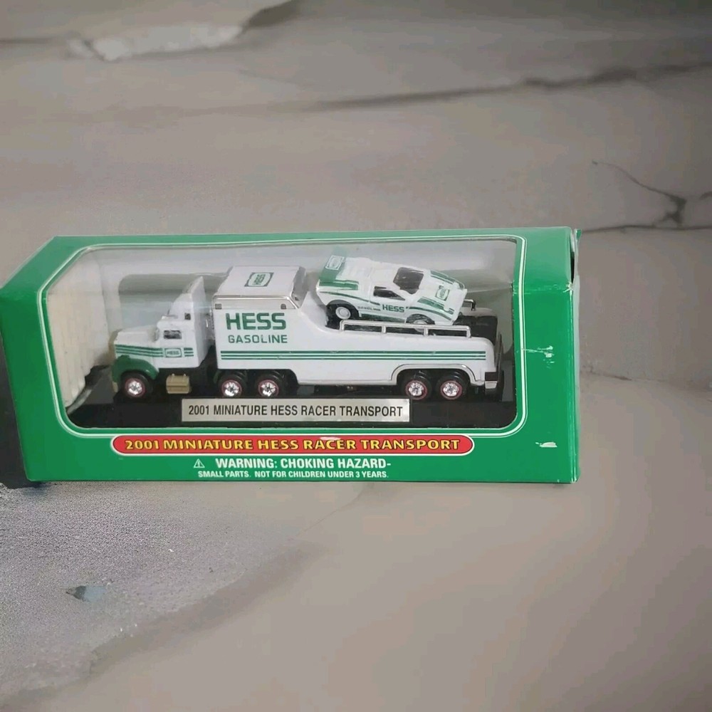New 2001 Mini Miniature Hess RACER TRANSPORT Toy Truck Amerada Hess RACECAR