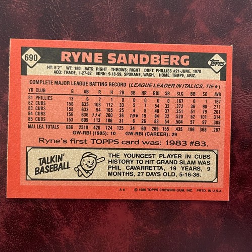 1986 Topps Set RYNE SANDBERG #690 CHICAGO CUBS - NM/MINT *HIGH GRADE* - Picture 2 of 2