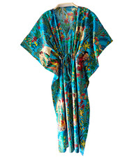 Women Hippie Cotton Summer Sleepwear Frida Printed Aqua Long Maxi Caftan Dress