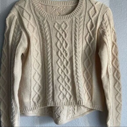 Beige Round Neck Cable Knit Sweater Featuring Elbow Patches Asymmetrical Hem - Picture 7 of 9