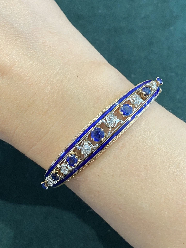 Vintage Diamond, Sapphire and Enamel Bangle Bracelet in14k Gold- HM1123SB - Image 2 of 4
