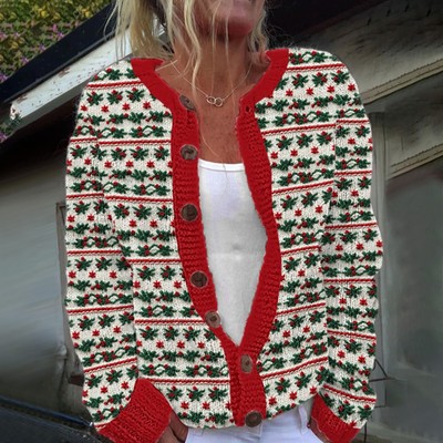 Winter Women's Button Single Plush Art Floral Print Comfortable Knitted Cardigan