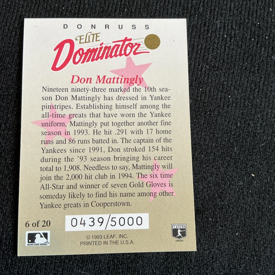 DON MATTINGLY 1993 LEAF DONRUSS ELITE DOMINATOR GREEN YANKEES AUTO #0439/5000 - Image 2 of 2