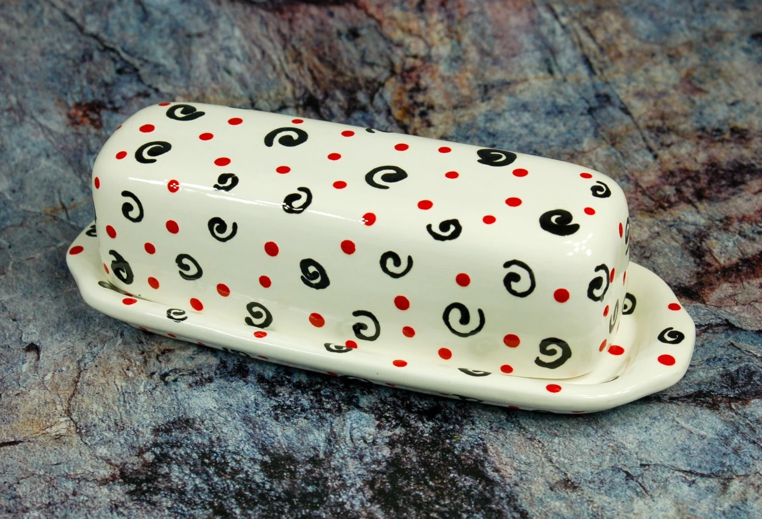 Whimsical Polka Dot/ Swirl hand painted white ceramic butter dish with lid