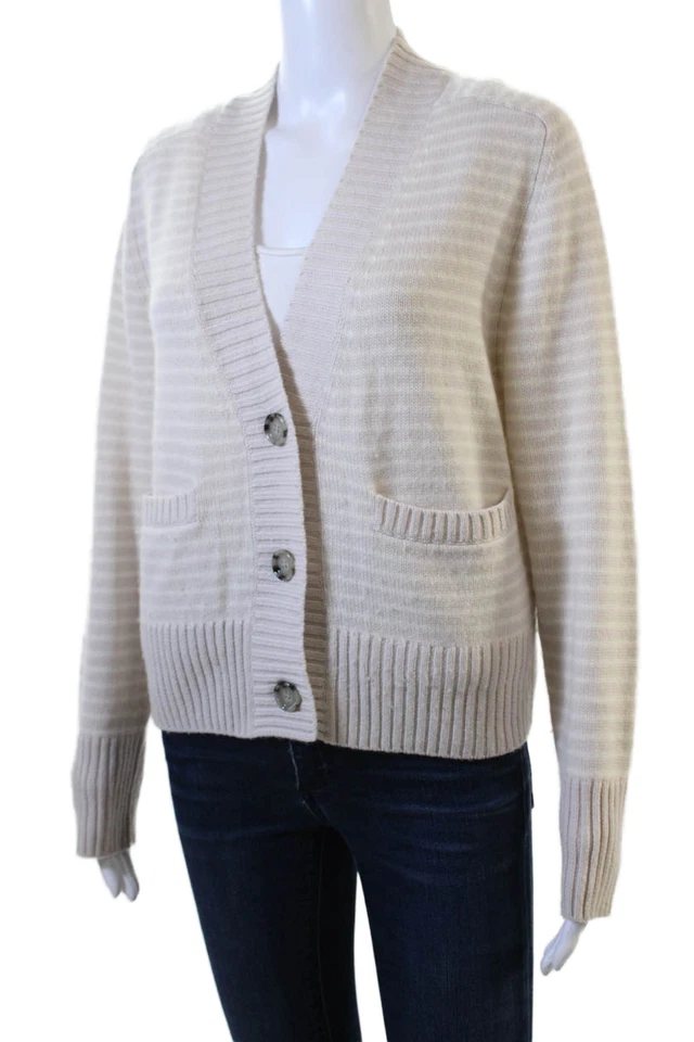 Allude Women Cardigan Beige Striped V-Neck Button Wool Cashmere Size XS - Image 2 of 4