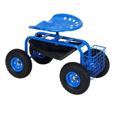 Rolling Garden Work Seat Cart Scooter with Adjustable Height and Storage Basket 
