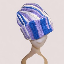 Handmade Crochet Knit Hat with Bear Ears Blue Purple White
