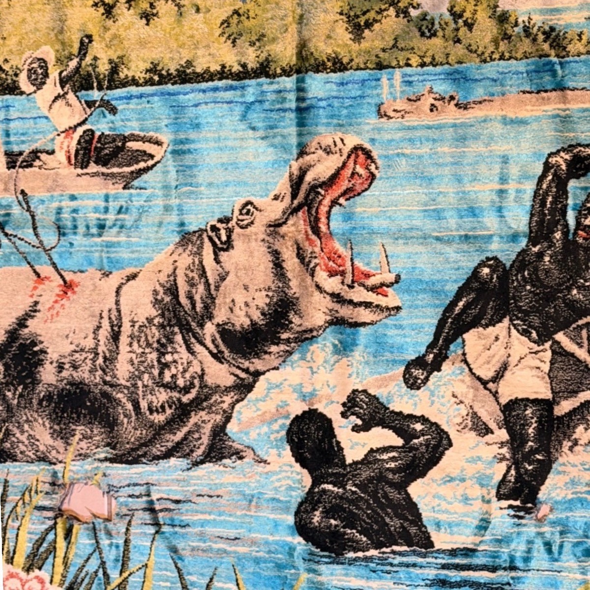 1940s vintage 3D ハワイアンヘッド　 壁掛け Vintage Velvet Wall Tapestry African Safari Hippo River Scene