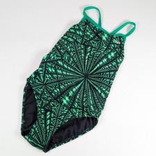 TYR Cutoutfit One Piece Swimsuit Womens Size 34 Geometric Starburst Green Black