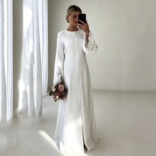 Modest ALine Crew Neck Satin Wedding Dress Long Lace Applique Sleeve Bridal Gown
