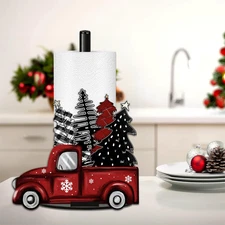 Red Truck Christmas Paper Towel Holder with Buffalo Plaid Towels for Home Decor