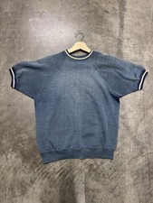 1960s Short Sleeve Faded Navy Blue Ringer Sweatshirt Men  s Size M/L 20.5x23