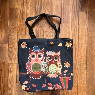 Black Owl Embroidered Tote Bag Women s Double Handles Zip Top Lined Pockets