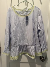 Women’s Crown & Ivy blue Striped eyelet top blouse long sleeve peplum Plus 2X