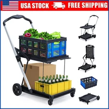 Collapsible Utility Cart Multi Use Functional Shopping Carts 2-Tier with Baskets
