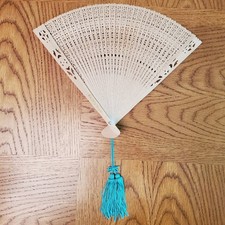 Vintage 8" Chinese Wooden Hand Folding Fan With Tassel in Original Box