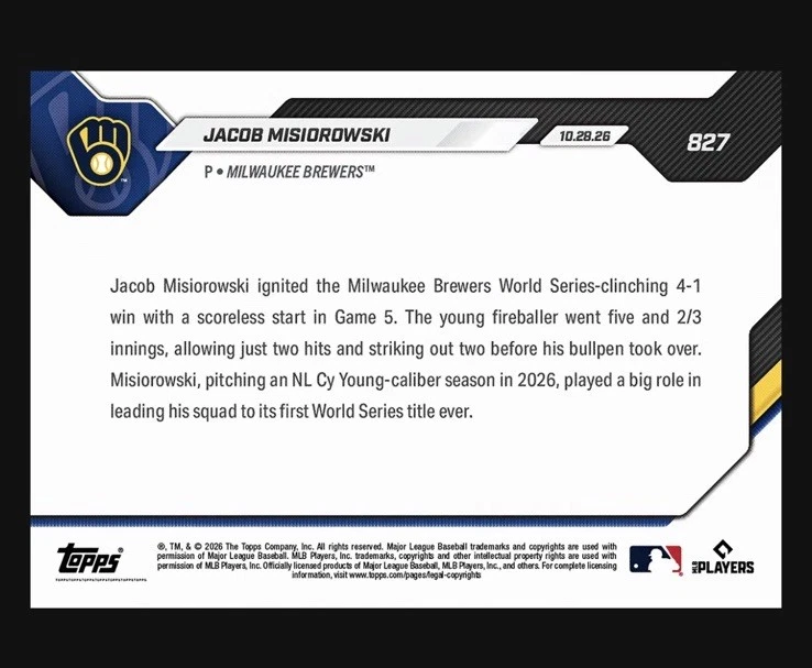 2026 Topps Now MLB #827 Jacob Misiorowski RC Milwaukee Brewers PRESALE🔥 - product detail image 2
