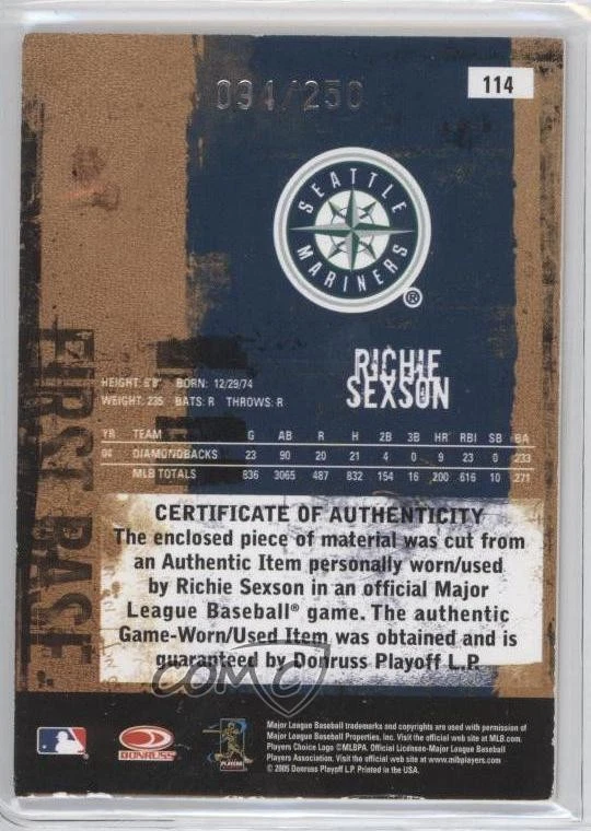 2005 Donruss Leather & Lumber Materials Bat /250 Richie Sexson #114 - Image 2 of 2