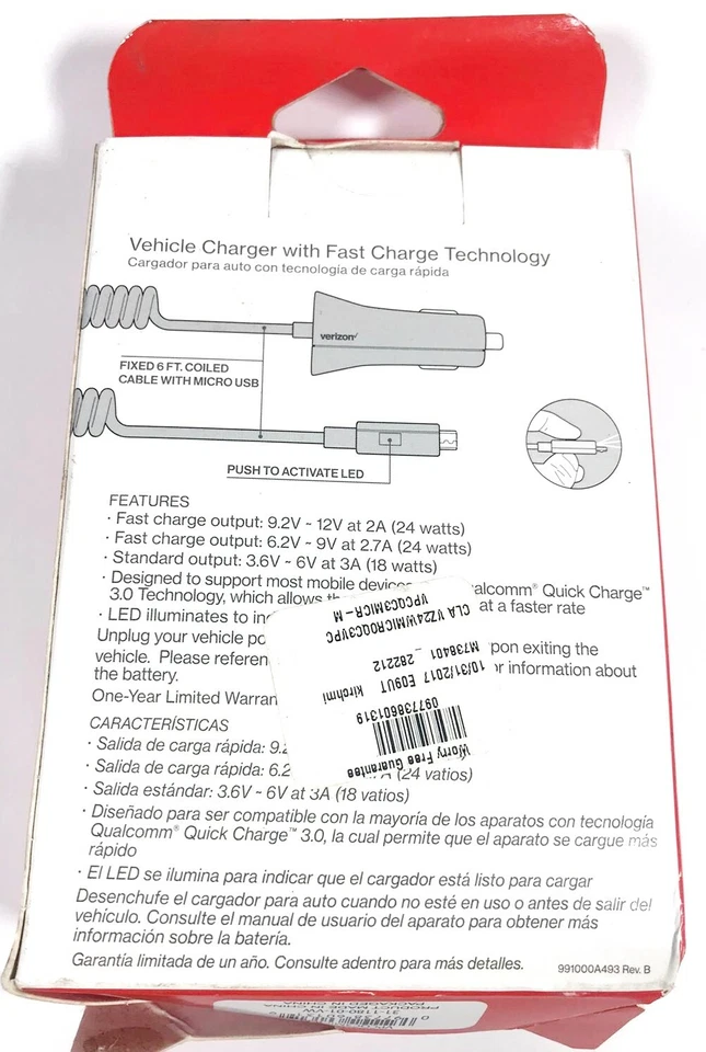 Cargador universal para vehículo Verizon Micro USB con tecnología de carga rápida Foto 3 de 4
