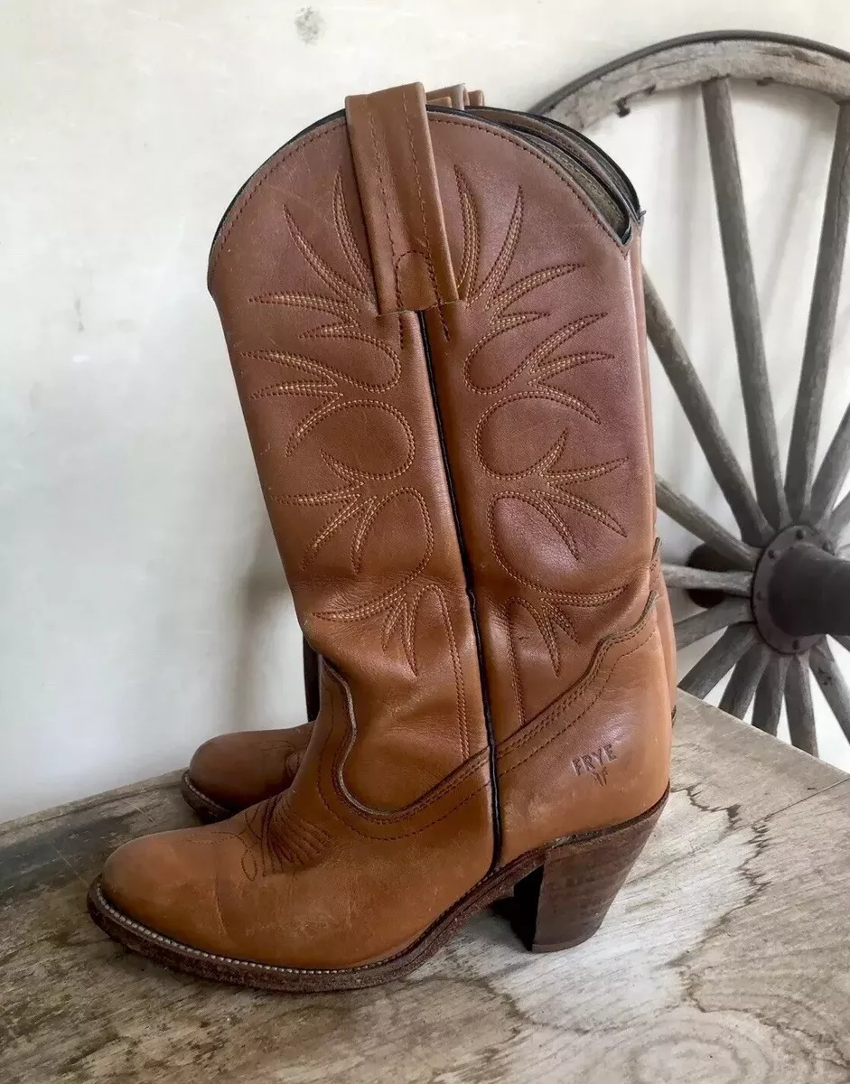 FRYE Vintage 70s-80s Tan Leather Cowboy Boots Wood Stacked Heels Woman’s 6B USA