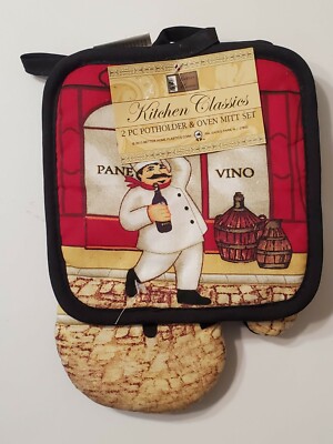 Better Home Kitchen Classics 2 PC Potholder and Oven Mitt Set Chef design 