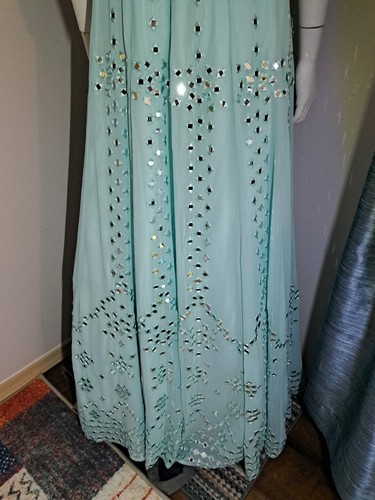 Soft Green Indian Mirrored Long Dress w/ Gold Shawl Size S 20 Open Back Formal - Picture 7 of 15